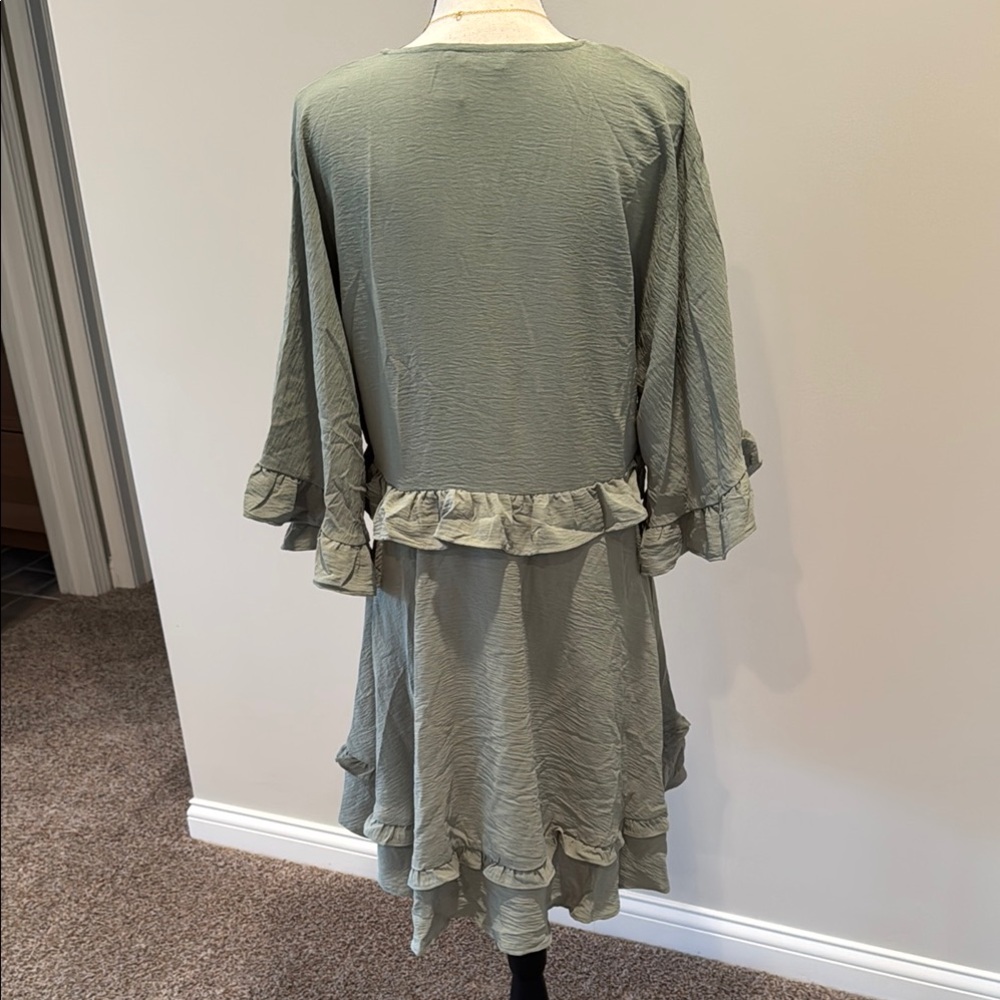 Green Ruffle V-Neck Dress - Picture 4 of 5